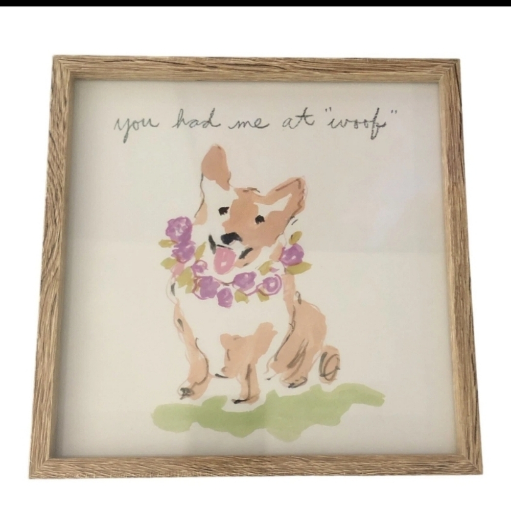 Charming Corgi Framed Wall Art with Floral Accents "You Had Me At Woof."